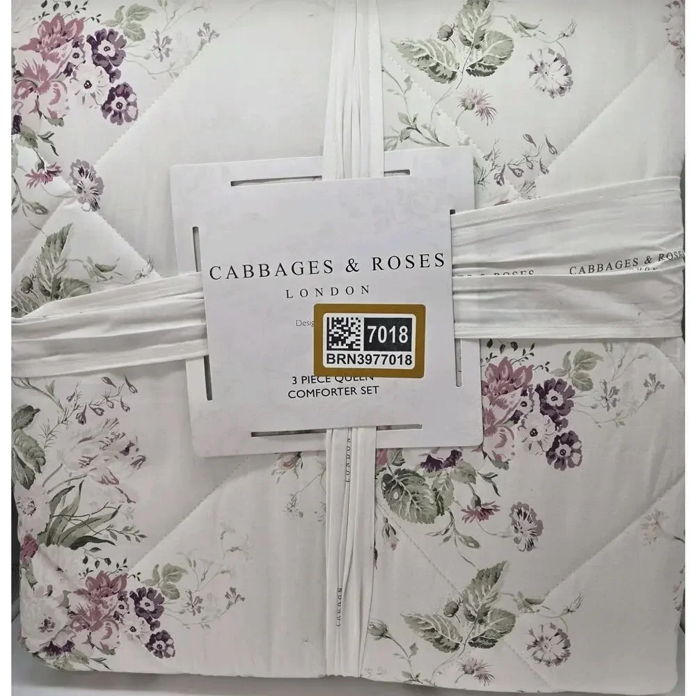NEW Cabbages & Roses Constance Purple Pink Queen Comforter 3pc Set Cottage PEONY